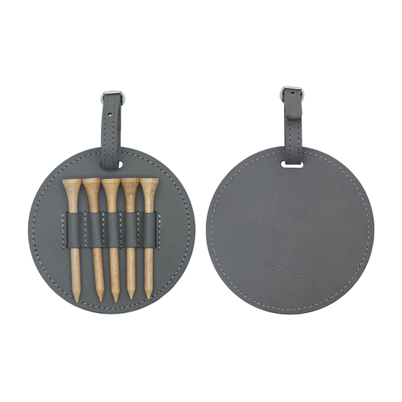 Laserable Leatherette Round Golf Bag Tag with 5 Wooden Tees Laserable Leatherette Round Golf Bag Tag with 5 Wooden Tees