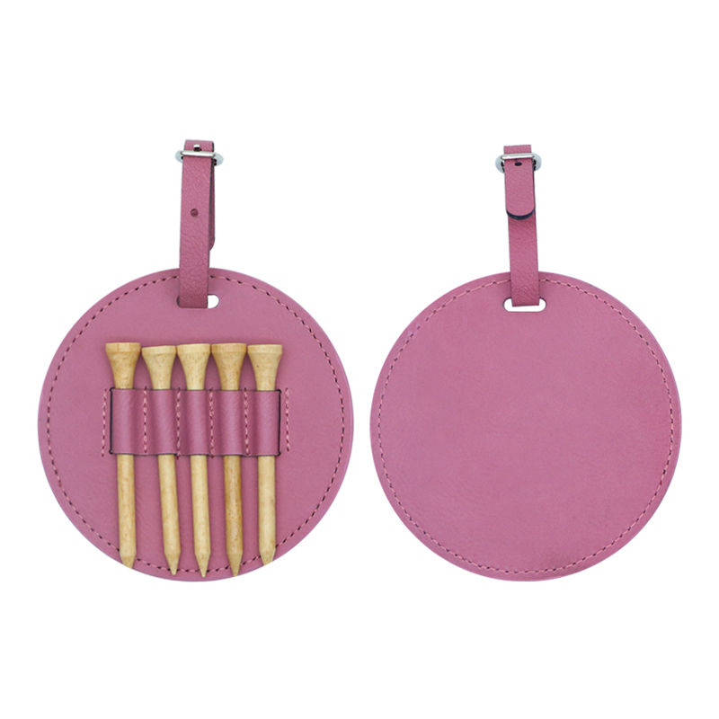 Laserable Leatherette Round Golf Bag Tag with 5 Wooden Tees Laserable Leatherette Round Golf Bag Tag with 5 Wooden Tees