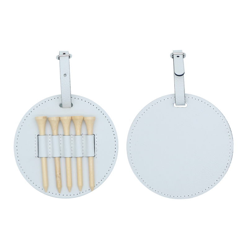Laserable Leatherette Round Golf Bag Tag with 5 Wooden Tees Laserable Leatherette Round Golf Bag Tag with 5 Wooden Tees