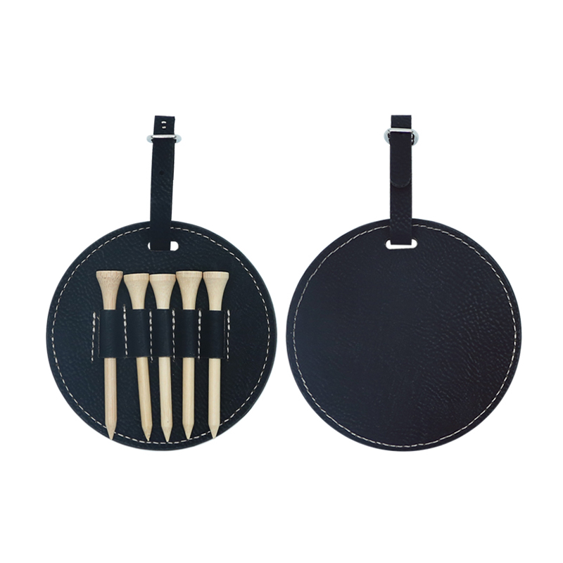 Laserable Leatherette Round Golf Bag Tag with 5 Wooden Tees Laserable Leatherette Round Golf Bag Tag with 5 Wooden Tees