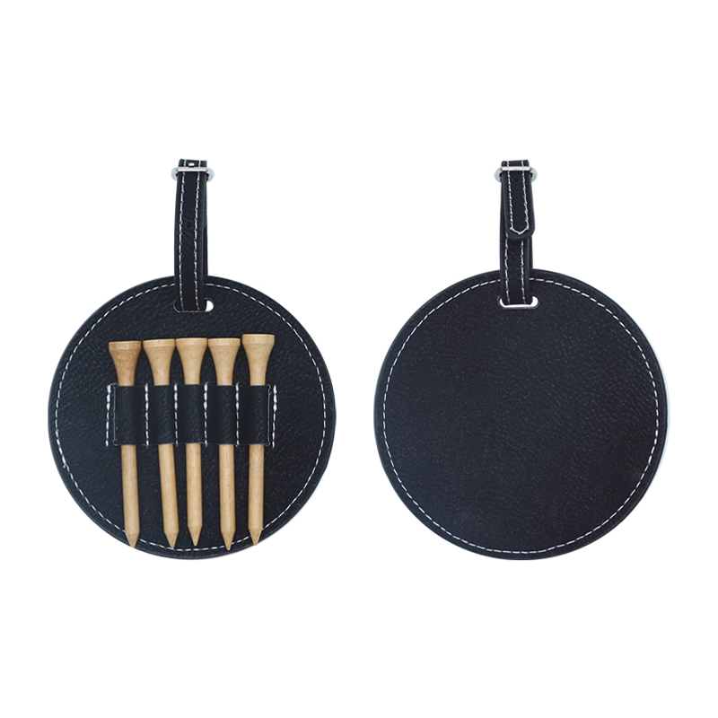 Laserable Leatherette Round Golf Bag Tag with 5 Wooden Tees Laserable Leatherette Round Golf Bag Tag with 5 Wooden Tees