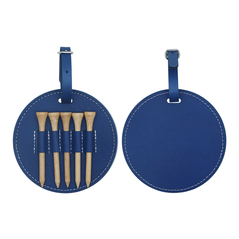 Laserable Leatherette Round Golf Bag Tag with 5 Wooden Tees Laserable Leatherette Round Golf Bag Tag with 5 Wooden Tees