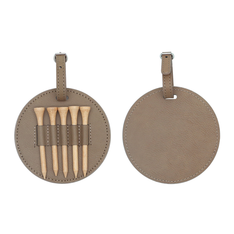 Laserable Leatherette Round Golf Bag Tag with 5 Wooden Tees Laserable Leatherette Round Golf Bag Tag with 5 Wooden Tees