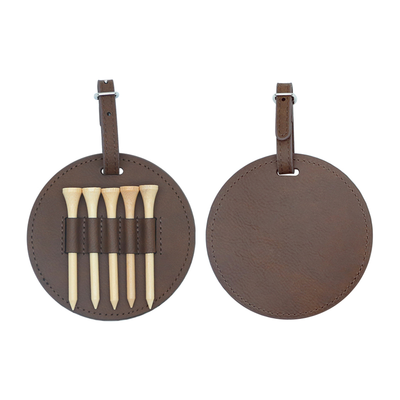 Laserable Leatherette Round Golf Bag Tag with 5 Wooden Tees Laserable Leatherette Round Golf Bag Tag with 5 Wooden Tees