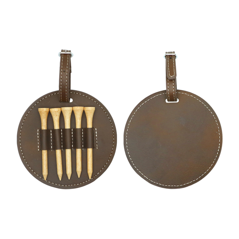 Laserable Leatherette Round Golf Bag Tag with 5 Wooden Tees Laserable Leatherette Round Golf Bag Tag with 5 Wooden Tees
