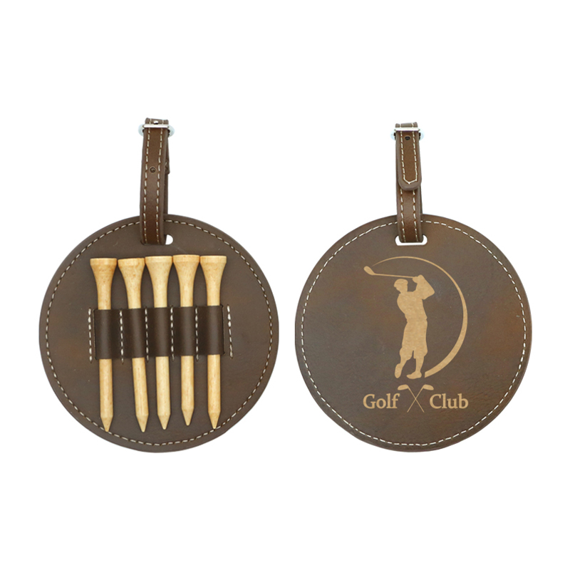 Laserable Leatherette Round Golf Bag Tag with 5 Wooden Tees Laserable Leatherette Round Golf Bag Tag with 5 Wooden Tees