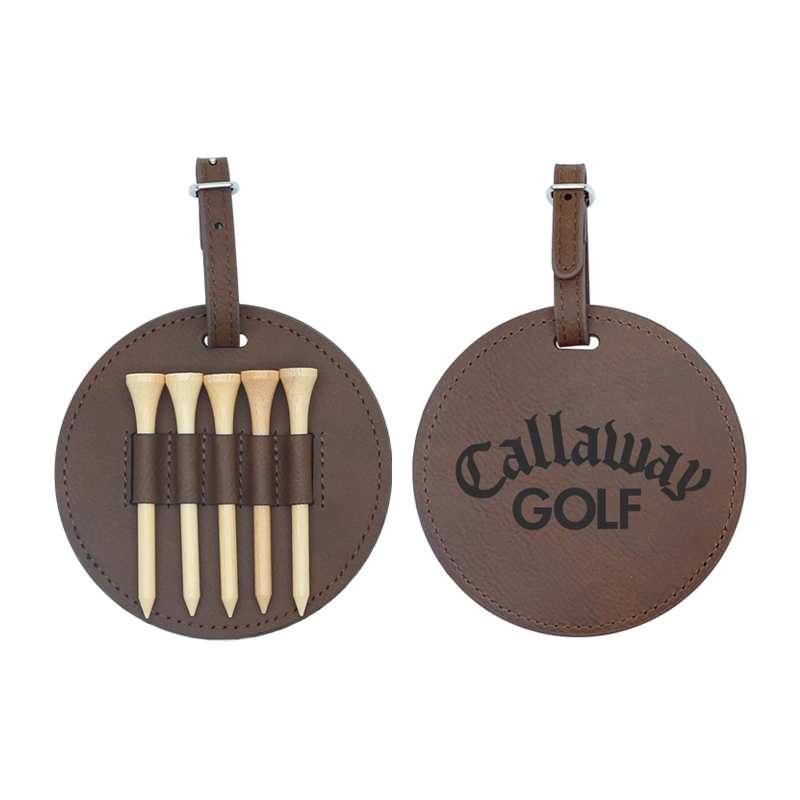 Laserable Leatherette Round Golf Bag Tag with 5 Wooden Tees Laserable Leatherette Round Golf Bag Tag with 5 Wooden Tees