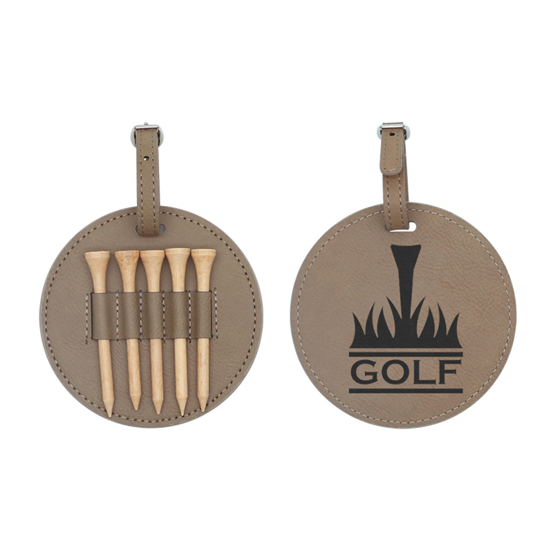 Laserable Leatherette Round Golf Bag Tag with 5 Wooden Tees Laserable Leatherette Round Golf Bag Tag with 5 Wooden Tees