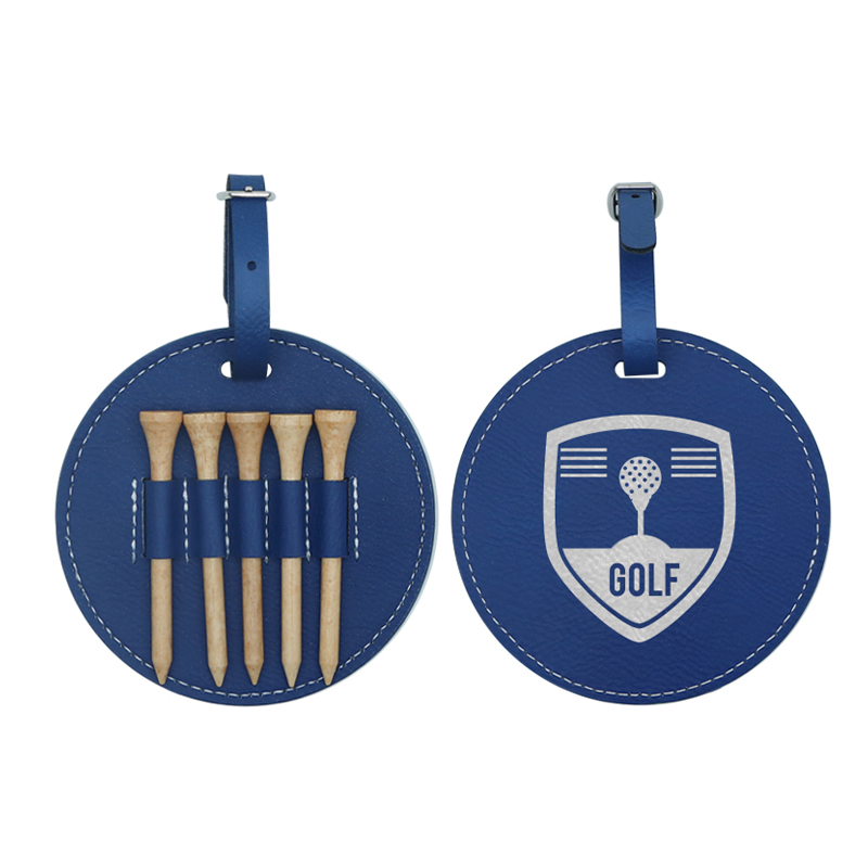 Laserable Leatherette Round Golf Bag Tag with 5 Wooden Tees Laserable Leatherette Round Golf Bag Tag with 5 Wooden Tees