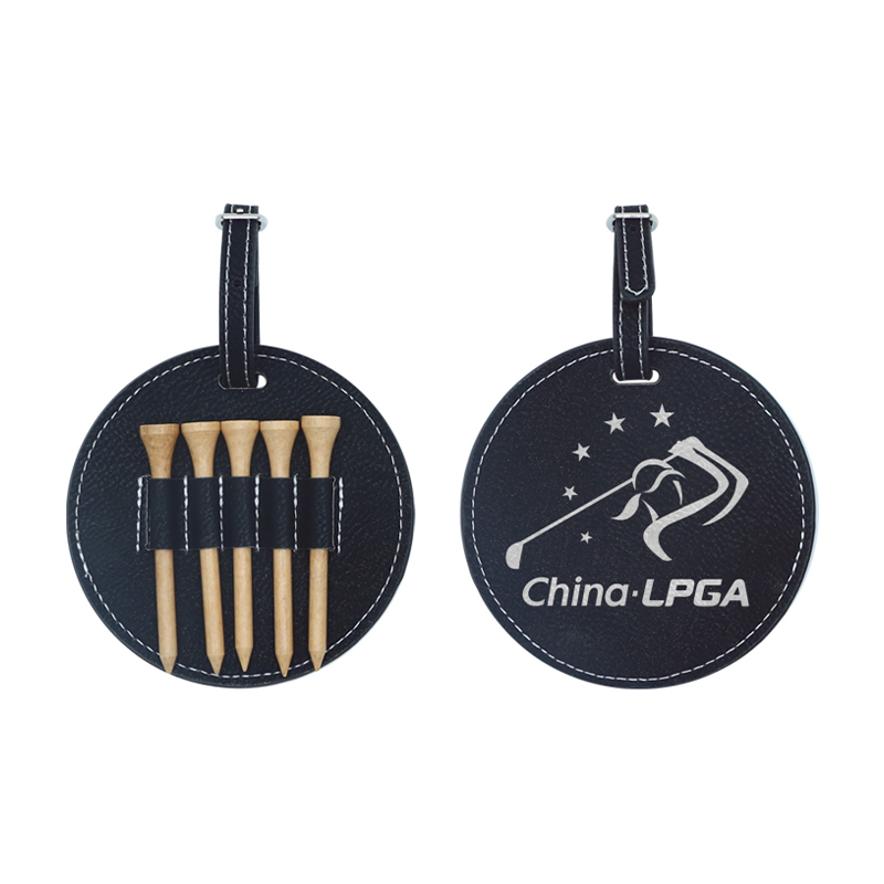 Laserable Leatherette Round Golf Bag Tag with 5 Wooden Tees Laserable Leatherette Round Golf Bag Tag with 5 Wooden Tees