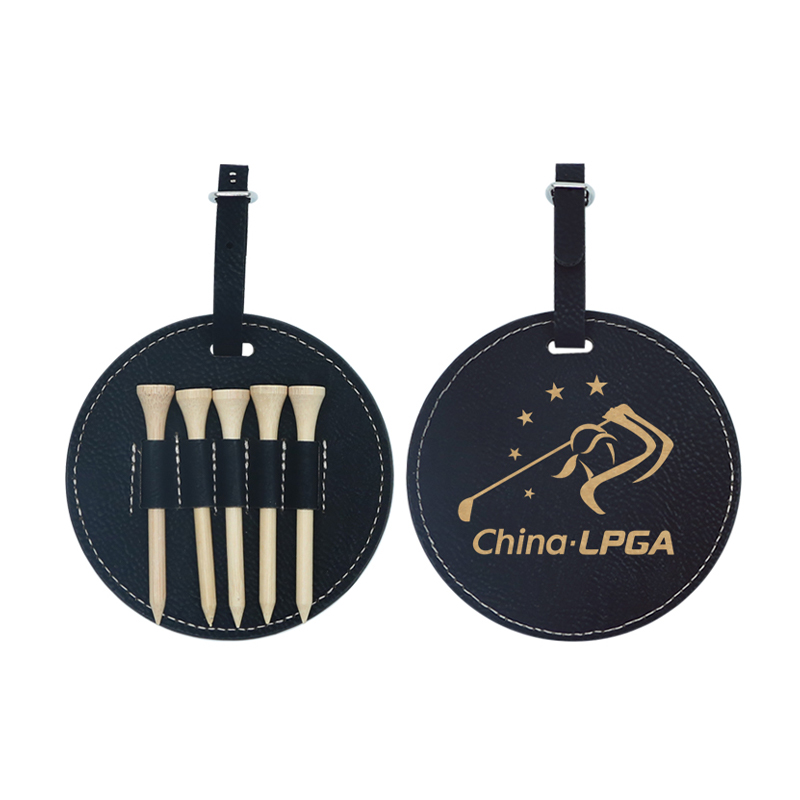 Laserable Leatherette Round Golf Bag Tag with 5 Wooden Tees Laserable Leatherette Round Golf Bag Tag with 5 Wooden Tees