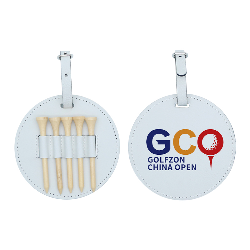 Laserable Leatherette Round Golf Bag Tag with 5 Wooden Tees Laserable Leatherette Round Golf Bag Tag with 5 Wooden Tees