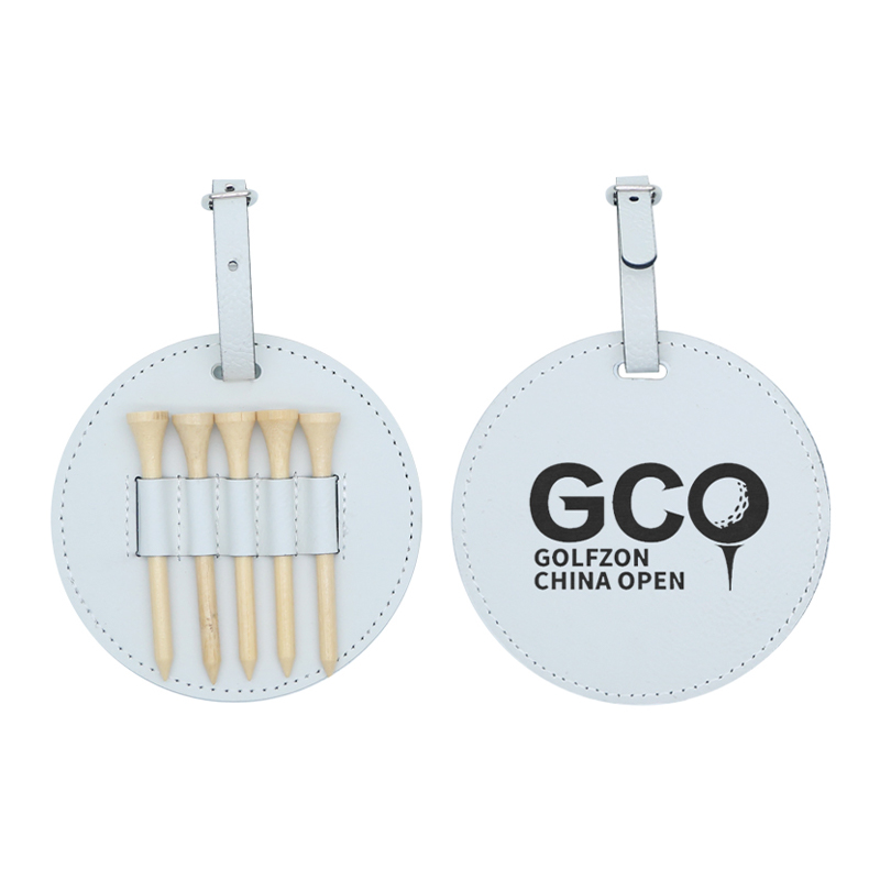 Laserable Leatherette Round Golf Bag Tag with 5 Wooden Tees Laserable Leatherette Round Golf Bag Tag with 5 Wooden Tees