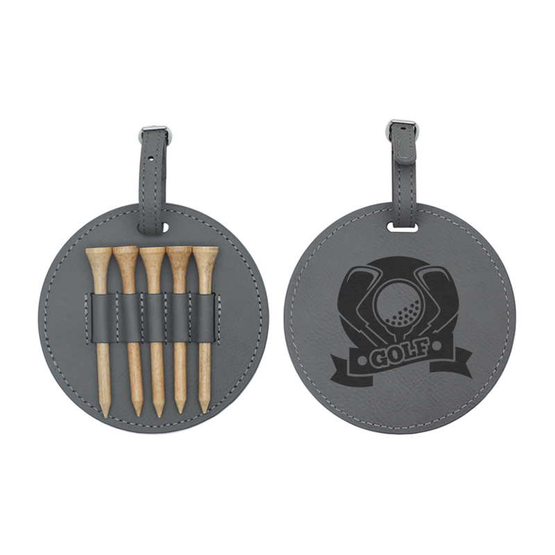 Laserable Leatherette Round Golf Bag Tag with 5 Wooden Tees Laserable Leatherette Round Golf Bag Tag with 5 Wooden Tees