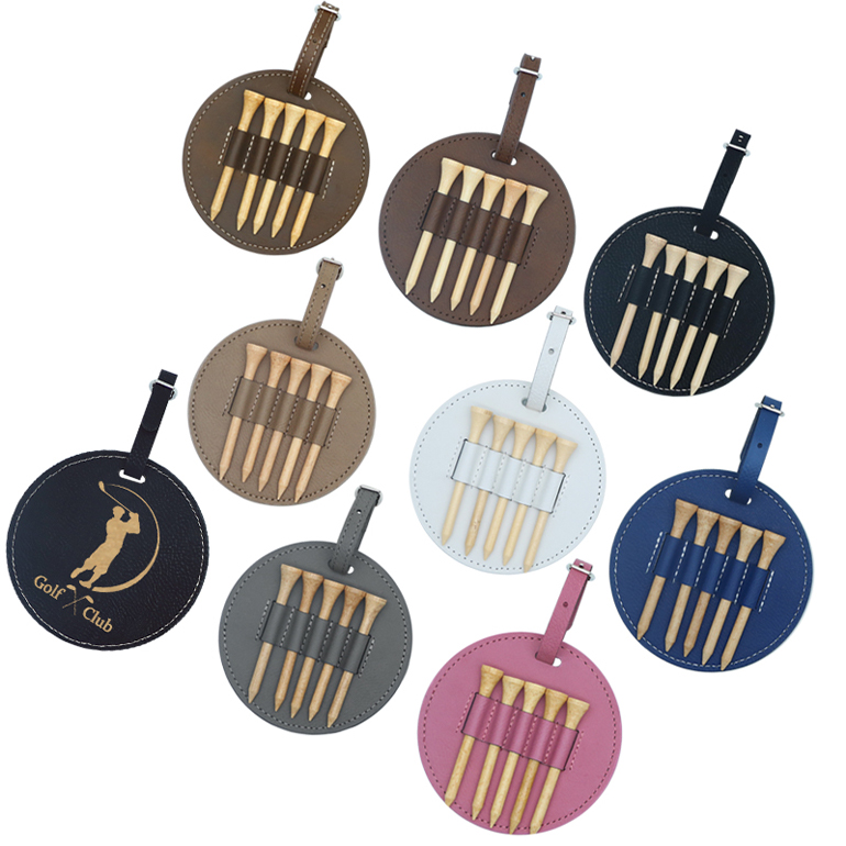 Laserable Leatherette Round Golf Bag Tag with 5 Wooden Tees