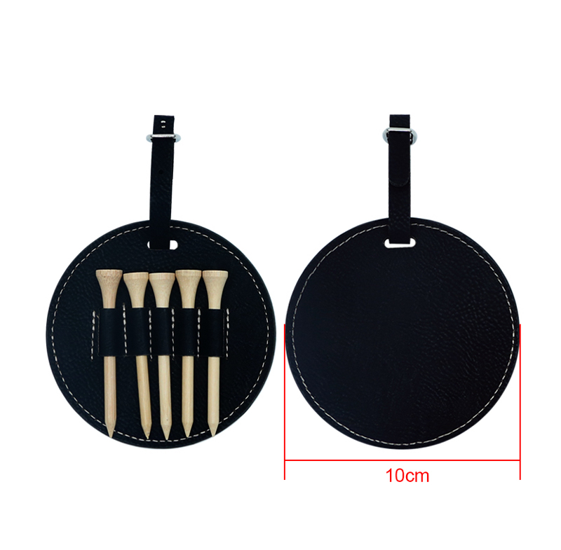 Laserable Leatherette Round Golf Bag Tag with 5 Wooden Tees Laserable Leatherette Round Golf Bag Tag with 5 Wooden Tees